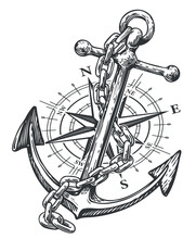 Compass, Rose Of Wind And Anchor With Rope In Engraving Style. Vintage Sketch Vector Illustration