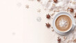 Top view of a cup of cappuccino coffee or cocoa with snowflakes and spices on a light pastel background. Empty space for product placement or advertising text.