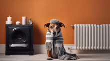 A Jack Russell Terrier Dog Wrapped In A Blanket Warms Itself Near The Heater Radiator. Empty Space For Product Placement Or Advertising Text.