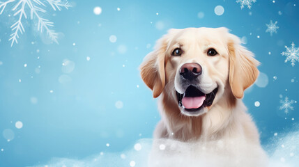 Wall Mural - Golden retriever dog portrait on a blue background with falling snowflakes. Empty space for product placement or advertising text.