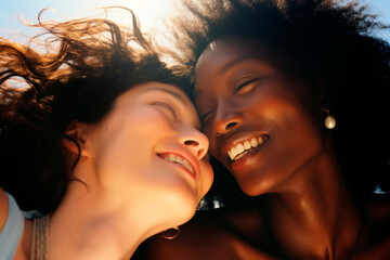 Couple of gay young Asian and African girls looking at each other smiling in love.  In love. Symbiosis. Complicity