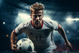Fototapeta Sport - Skillful soccer player controlling ball with stadium's vibrant ambiance