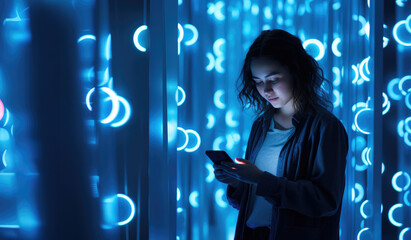 Poster - Businesswoman using smart phone while standing in front of blue glowing background