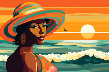 Wall Mural - young woman beige black holiday tanned concept hat vacation beach summer. Generative AI.