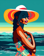 Wall Mural - woman young summer black beach hat lifestyle tanned concept beige vacation. Generative AI.