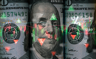Sticker - Benjamin Franklin face on USD dollar banknote with stock market chart and up down arrow for analysis investment on currency exchange or forex and economy inflation concept.