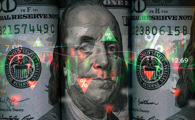 Poster - Benjamin Franklin face on USD dollar banknote with stock market chart and up down arrow for analysis investment on currency exchange or forex and economy inflation concept.