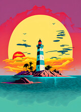 A Caribbean Island With A Lighthouse In The Sunset, Illustration