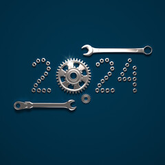 Wall Mural - Creative 2024 New Year design template with nut bolts and wrenches. 3D render illustration on a construction, engineering and maintenance theme.