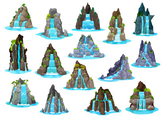 Poster - Cartoon waterfall and water cascade, game assets and nature landscapes, vector GUI. Waterfall and cascades from mountain river or island rock, tropical forest lake for fantasy game assets and levels