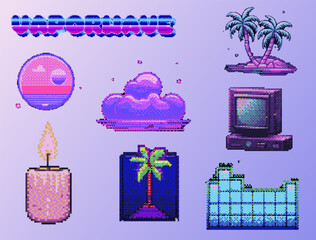 Aufkleber - Set of different pixel art items for game design or sticker pack. Palm tree, cloud, a computer and other icons in vaporwave the 80's style.