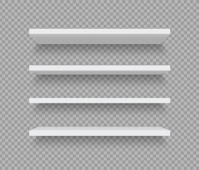 White shop product shelves isolated 3d vector mockup. Realistic blank empty store showcase display, metal or plastic supermarket retail shelf. Bookcase store shopping merchandise market racks shelving