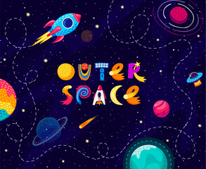 Poster - Cartoon kids space background, rocket with trace and starry galaxy, vector poster. Outer space landscape with spaceship and planets in sky for kids space adventure and planetary galaxy discovery