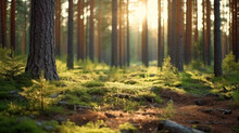 Nordic Pine Forest In The Evening Light. Short Depth-of-field.
