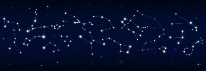 Stars constellation border and night sky map for astronomy or astrology, vector starry background. Stars constellation zodiac signs in space galaxy for astrological horoscope, esoteric and planetary