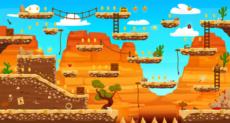 Poster - Arcade game level map with wild west western platforms, canyons, rocks and mountains. Cartoon vector 2d parallax background, nature location with desert, cacti, trees and bridges with hanging ropes