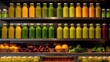 Fresh juice bar of vibrant freshly squeezed juices in glass bottles. AI generated