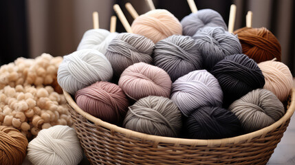 Wall Mural - Balls of warm wool yarn needles for knitting in pastel gray calm colors. Cozy composition for a handicraft and needlework store.