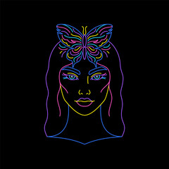 Poster - Female face with butterfly on her head. Creative illustration in line art style.