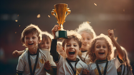 Wall Mural - Happy kids with medals and trophy cup smiling, and looking at camera