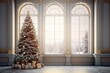 empty room with a snowy window, presents and Christmas tree, in the style of naturalistic renderings, the picture shows a white living room with snow and a tree behind it