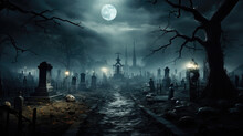 Spooky Cemetery With Graves At Night With A Full Moon