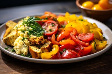 Wall Mural - tofu scramble with a selection of colorful vegetables on a rustic wooden table