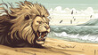 a lion ran to hunt on the beach Make sure the lion looks