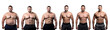 Man body shapes from obese fat to overweight to regular to fit and muscular. Isolated on transparent background