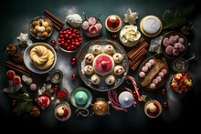 Top view of a table full of Christmas sweets. Generative AI