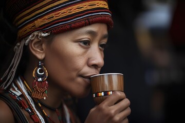 Wall Mural - an ethnic woman drinking a cup of coffee