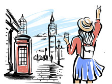 Woman In London. Hand Drawn Landscape Of Travel City