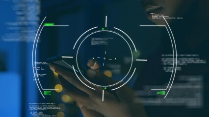 Poster - Animation of financial data processing over african american woman using smartphone