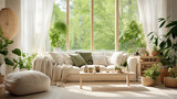 Fototapeta  - Wnętrze salonu pokoju rodzinnego z dużymi oknami firanami i wygodną sofą