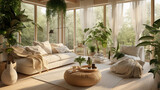 Fototapeta  - Jasny przestronny salon z dużymi oknami wygodną sofą i firanami