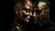 Golden theatrical masks. Abstract costume for futuristic productions.