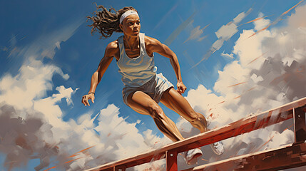 Wall Mural - illustration of a sportswoman jumping over hurdles