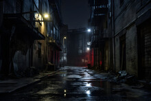 Back Street Alley With Old City Houses In Rain At Night, Generative AI