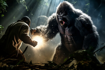 Poster - Generative ai collage photo of aggressive beast giant gorilla king kong using magic in fight