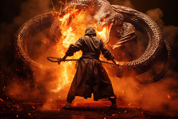 Wall Mural - Generative ai collage photo of brave warrior fight with fire dragon beast
