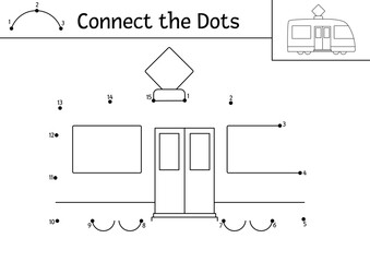Wall Mural - Vector dot-to-dot and color activity with tram. Transportation connect the dots game for children with funny tramway. Transport coloring page for kids. Printable worksheet.