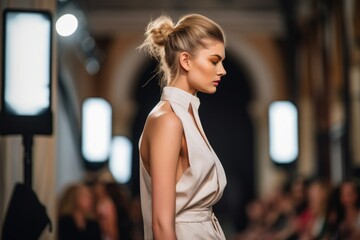 Wall Mural - a young runway model with her hair tied back walking in a fashion show