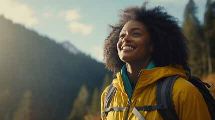 joyful young african american woman hiking in nature, exuding vitality and laughter, embracing the b
