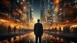 businessman standing in modern skycraper high office building night city scapebokeh light vision and mission business strategy ideas concept