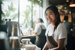 Happy korean waitress brewing fresh coffee for a customer in a coffee shop. everyday concept of a lively and busy city. generative AI