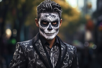 young man with painted skull on his face outdoors. celebration of mexico's day of the dead (el dia d