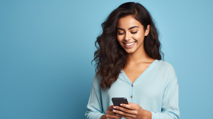 Young adult smiling happy pretty woman holding mobile phone, typing message, doing ecommerce shopping on cell, isolated on blue background