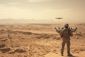 Soldiers are Using Drone for Scouting During Military Operation in the Desert.