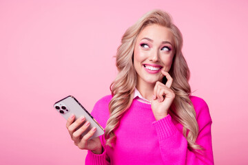 Poster - Photo of lovely charming girl curly hairdo finger touch lips mouth look up interesting offer empty space isolated on pink color background