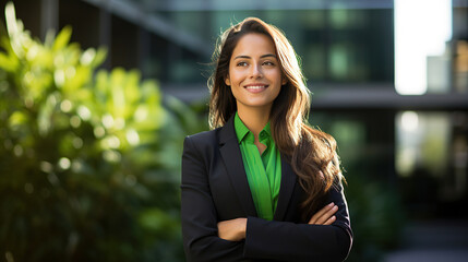 Wall Mural - Young, confident corporate businesswoman stands smiling outside her office building, exuding positivity and success in a vibrant portrait of modern professionalism.